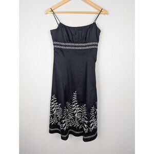 Ann Taylor Black Cotton Sleeveless Babydoll Midi‎ Women 0 Floral Embroidered 138